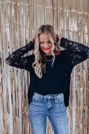 Level Up Lace Sleeve Top - Black