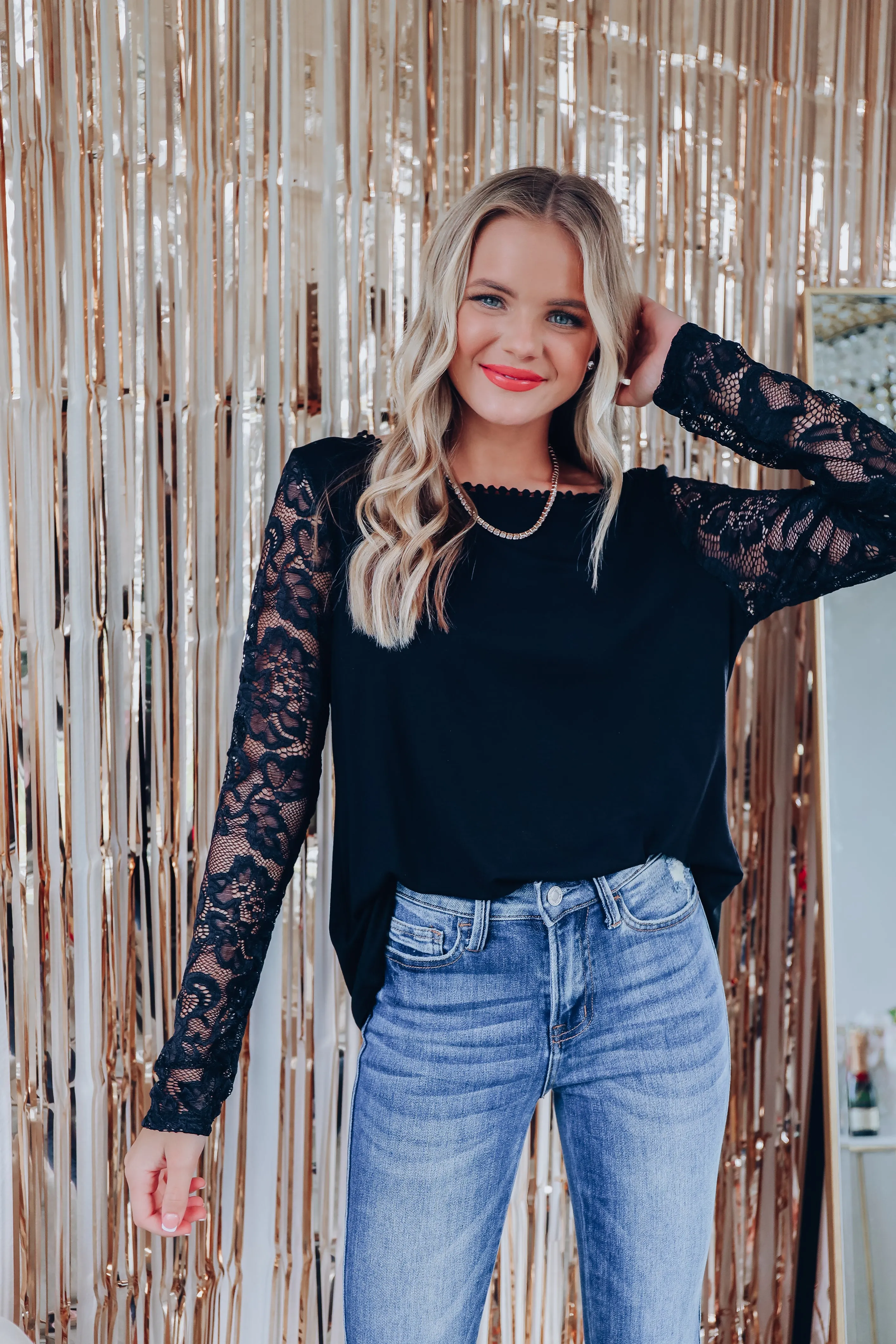 Level Up Lace Sleeve Top - Black