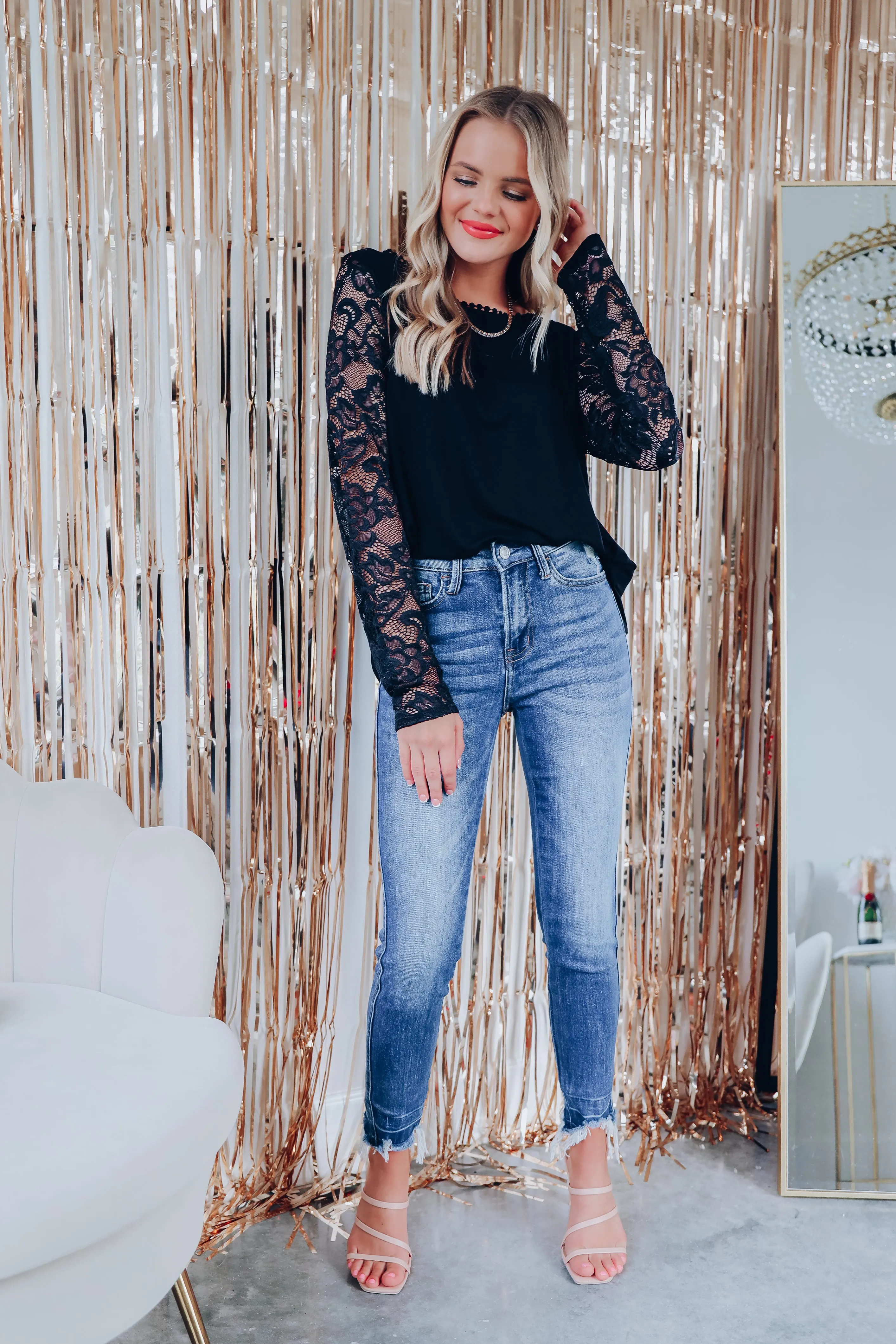 Level Up Lace Sleeve Top - Black