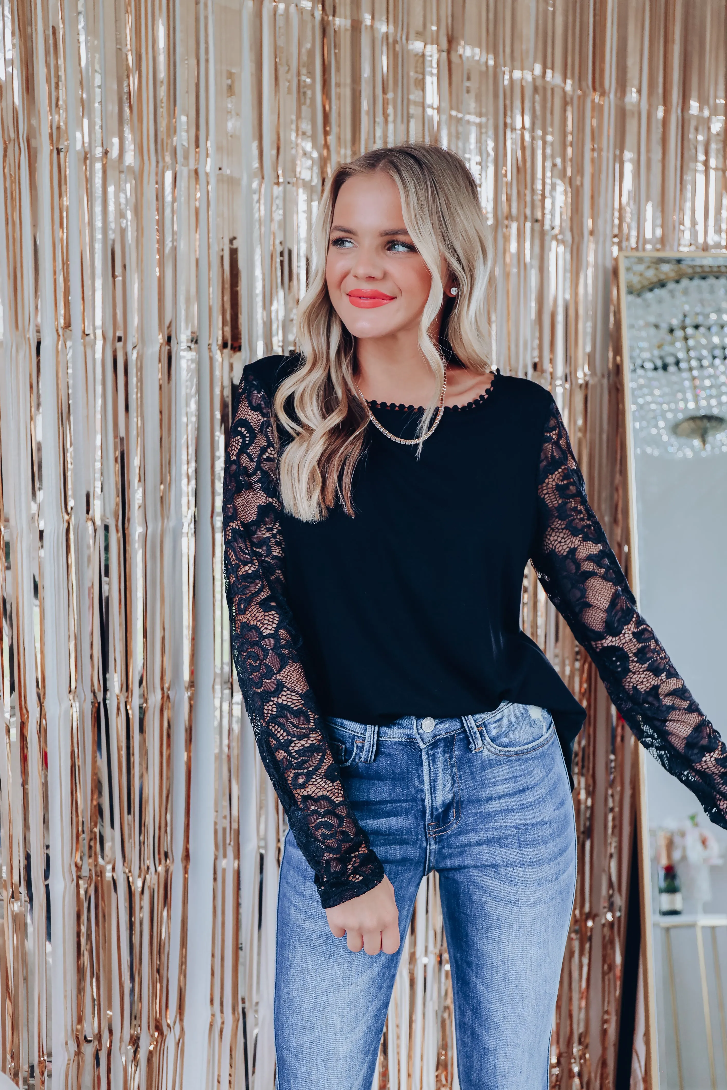 Level Up Lace Sleeve Top - Black