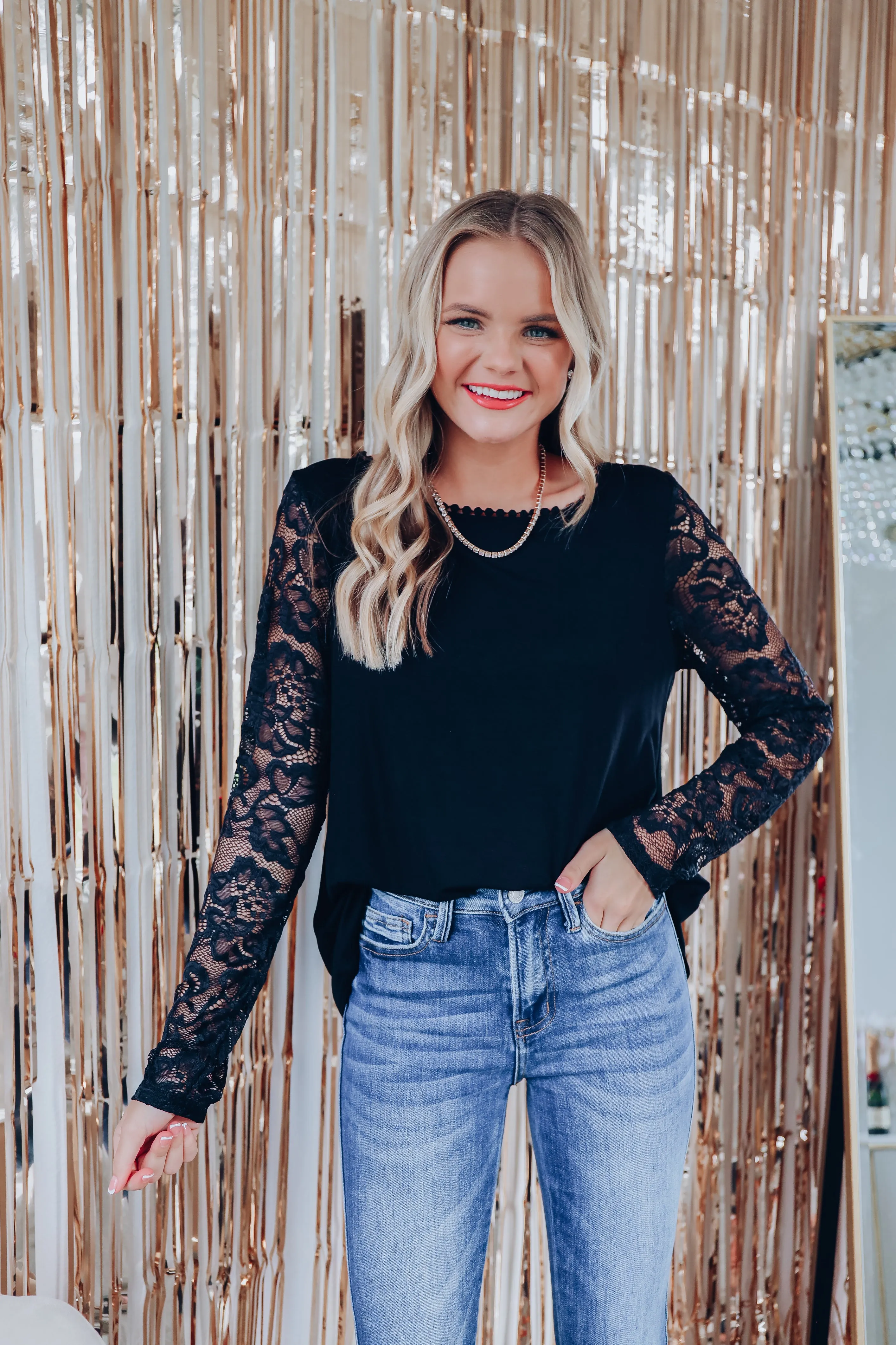 Level Up Lace Sleeve Top - Black