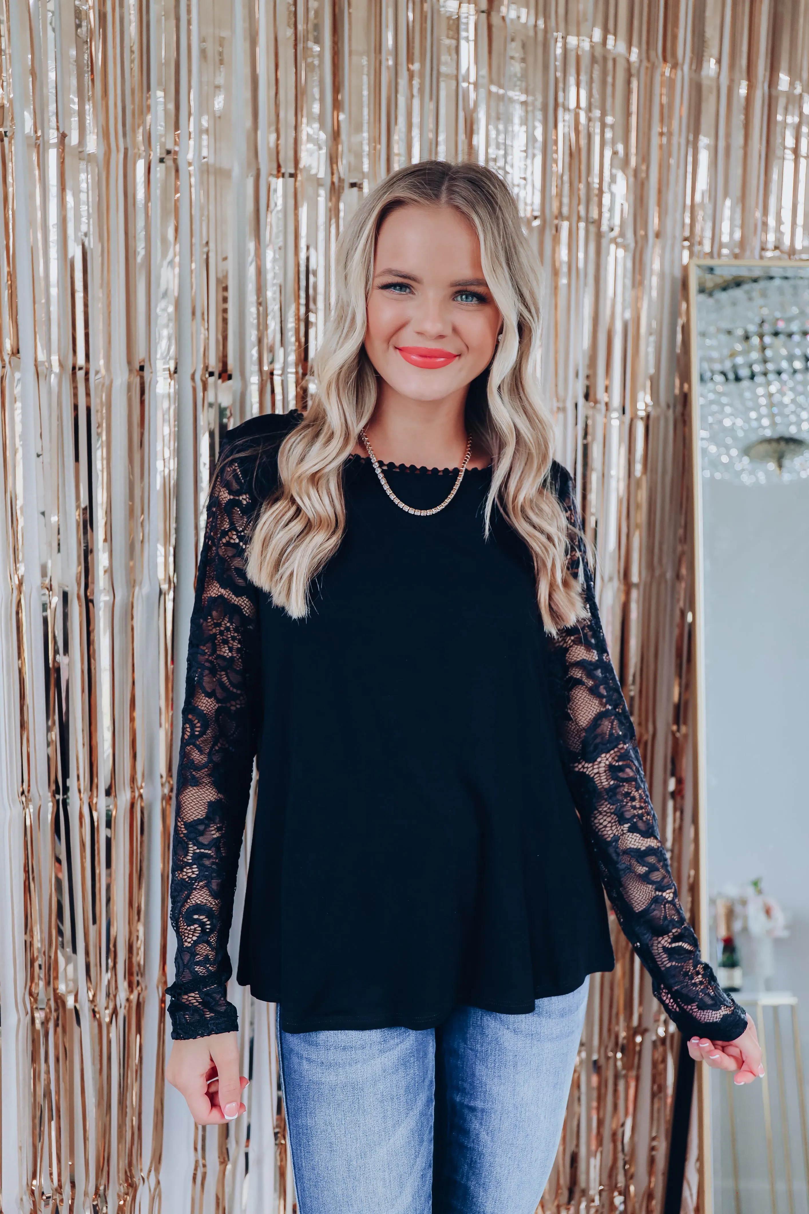 Level Up Lace Sleeve Top - Black