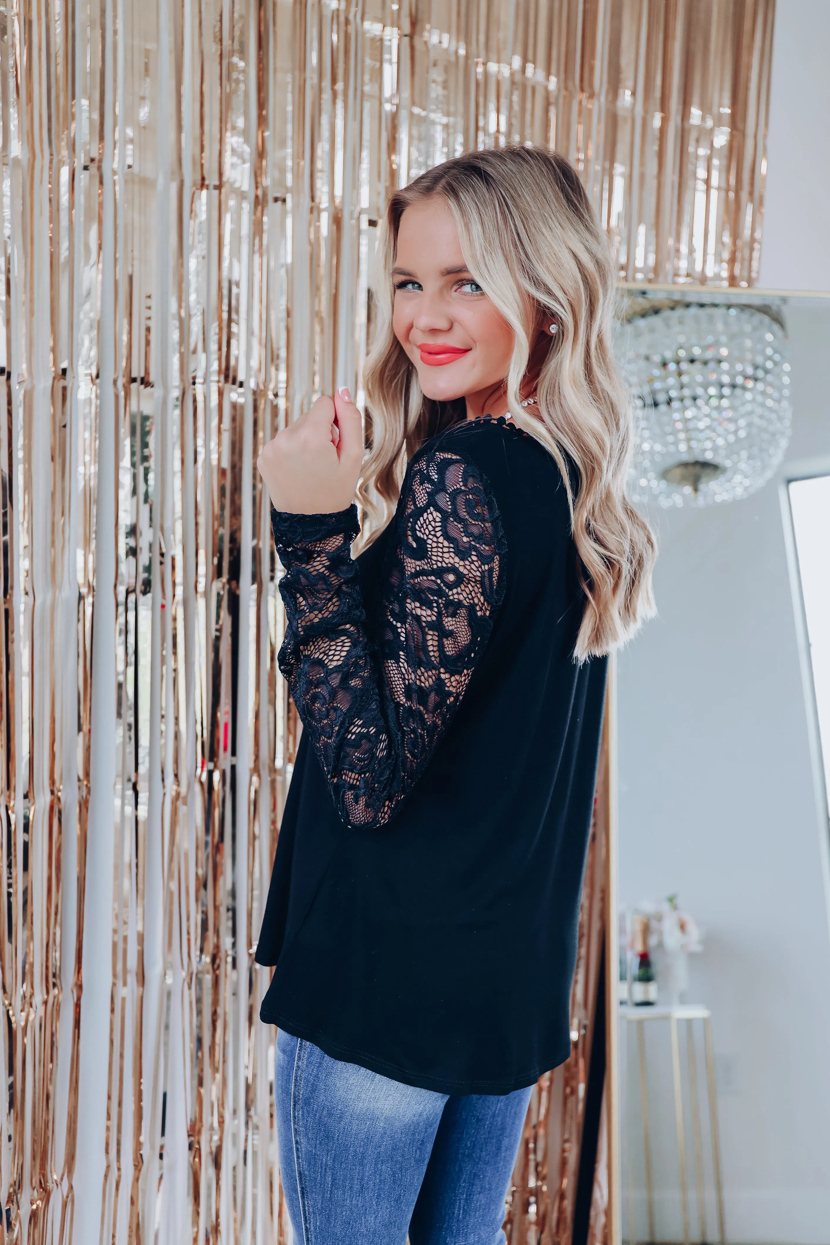 Level Up Lace Sleeve Top - Black