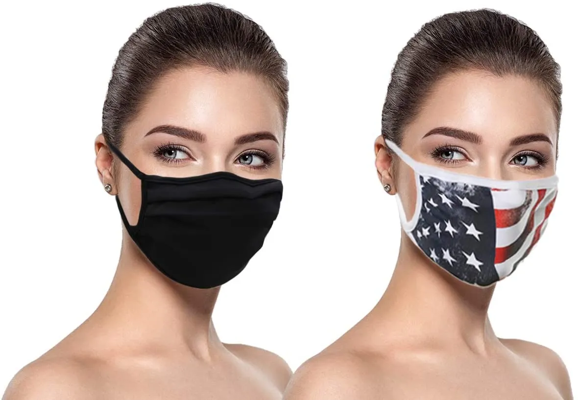 MADE IN USA (3 Black), 1 US Flag (Made in Guatemala), Washable Reusable Anti-dust Cloth Face Mask Protection Double Layer Covering (IN STOCK 2-5 DAYS DELIVERY) - 4 Pack With Filters (30 PCS)