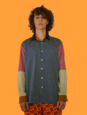 Navy Stripe Front Shirt Blocked with Checks and Stripes