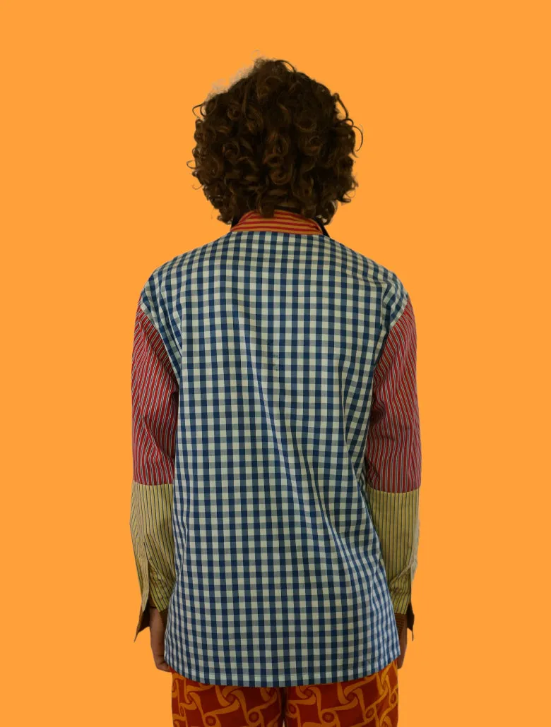Navy Stripe Front Shirt Blocked with Checks and Stripes
