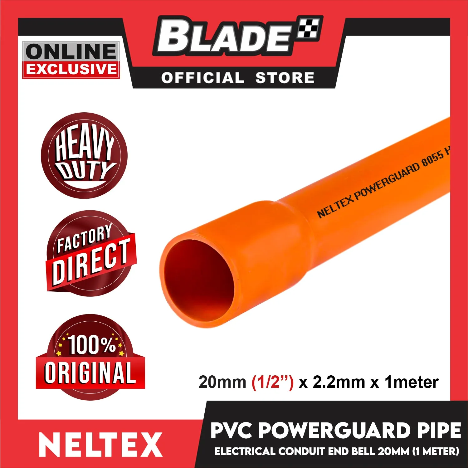Neltex PVC Powerguard Pipe (Orange) 20mm x 1meter with Bell Electrical Conduit
