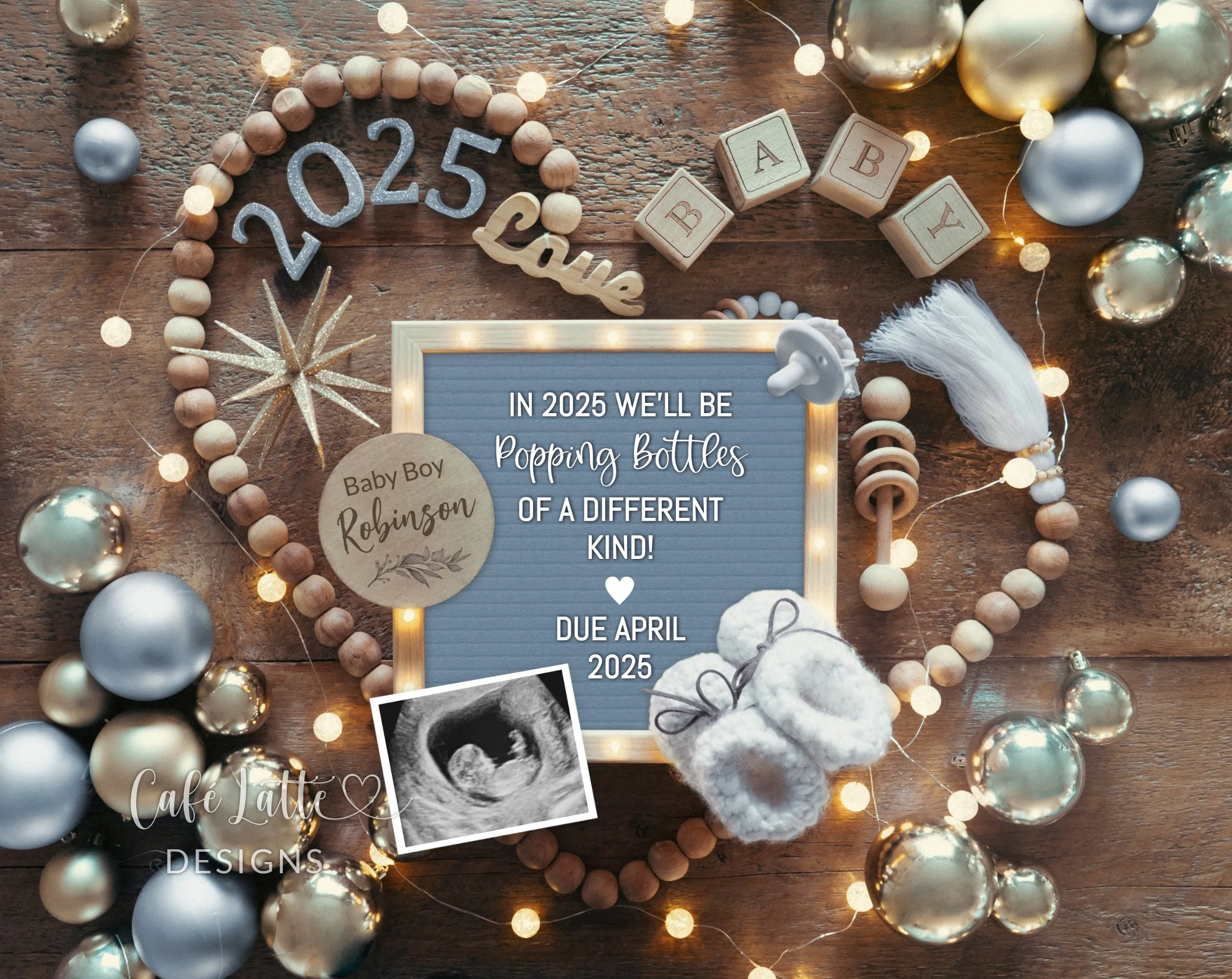 New Years Baby Boy Digital Gender Reveal - Heart Blue Ornaments - Popping