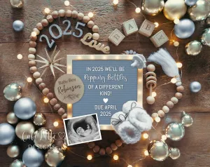 New Years Baby Boy Digital Gender Reveal - Heart Blue Ornaments - Popping