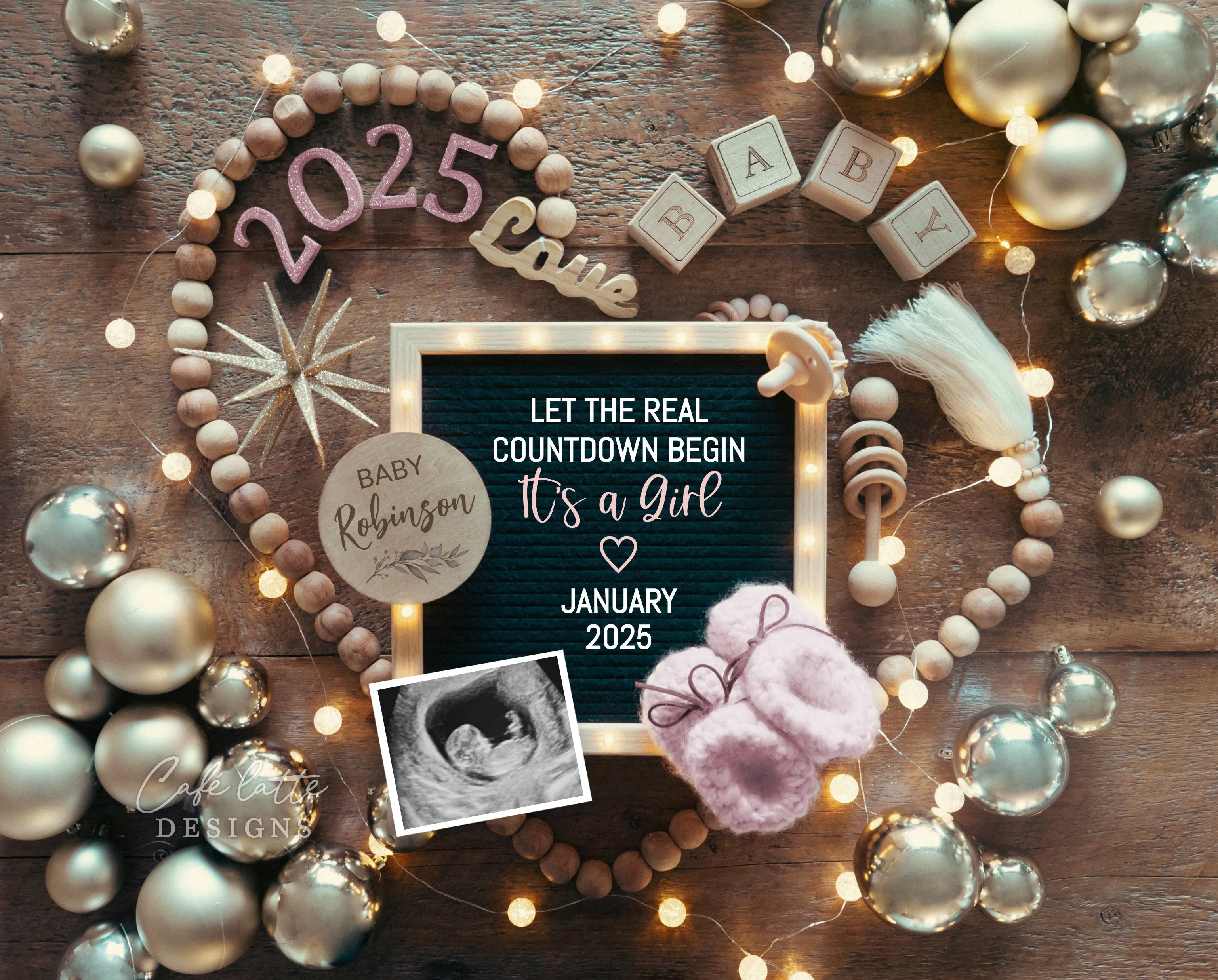 New Years Baby Girl Digital Gender Reveal - Heart Gold Ornaments - Countdown