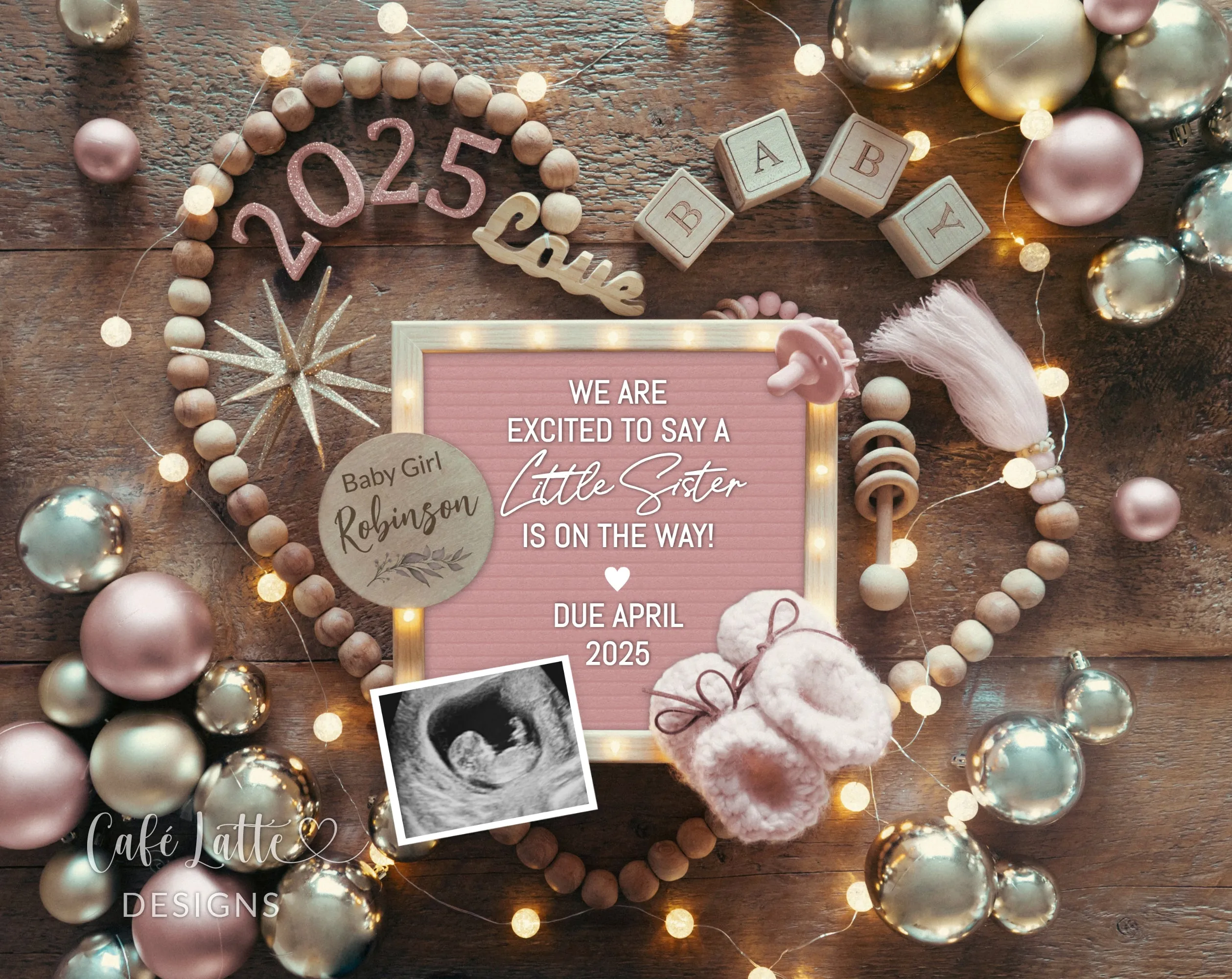 New Years Baby Girl Digital Gender Reveal - Heart Gold Ornaments -Sister