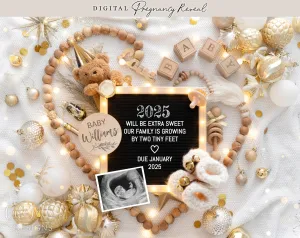 New Years Digital Baby Announcement - Bear Gold Hat Heart