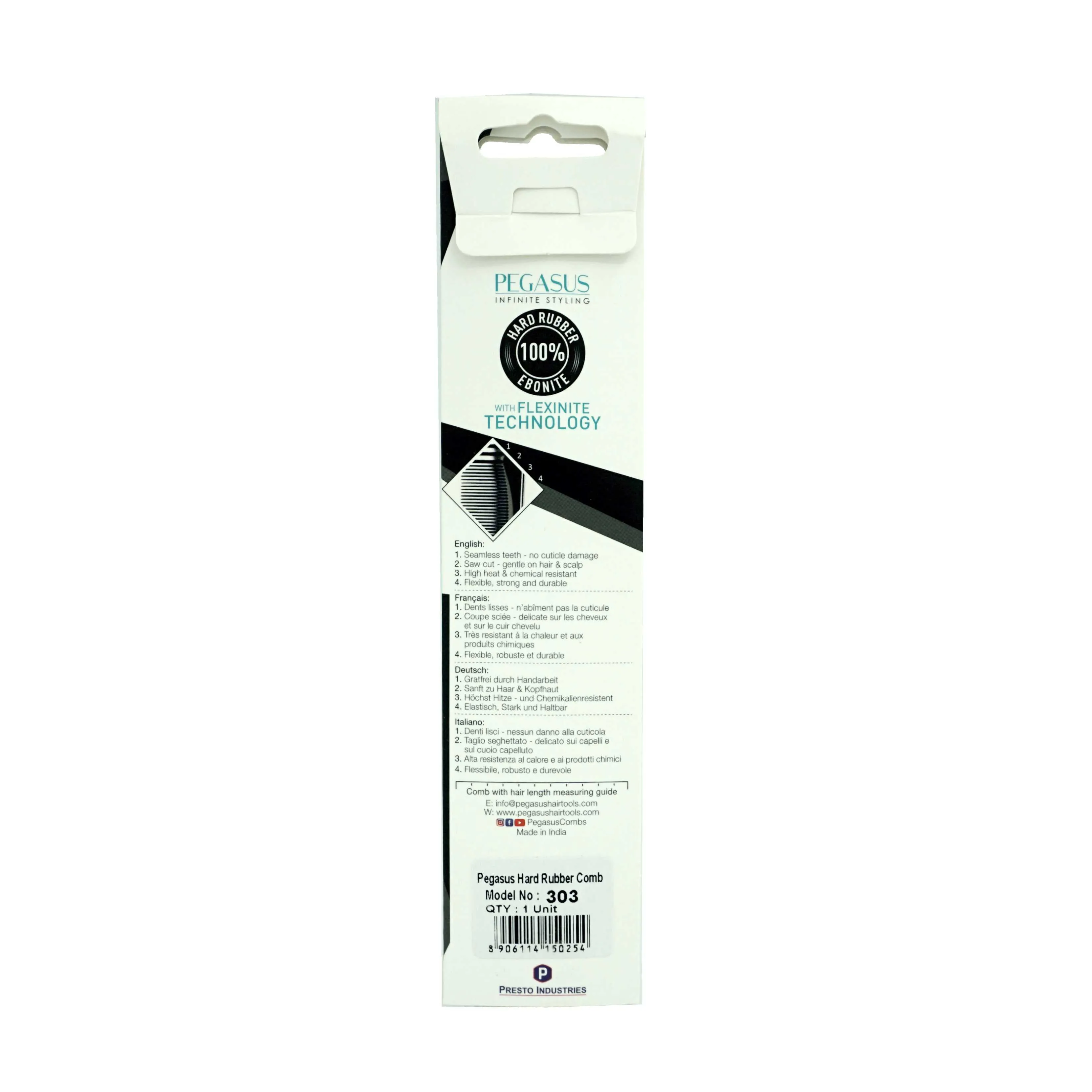 Pegasus 303, 6.5in Hard Rubber Heavy Barber Comb, Handmade, Seamless, Smooth Edges, Anti Static, Heat and Chemically Resistant, Wet Hair, Everyday Grooming Comb | Peines de goma dura - Black