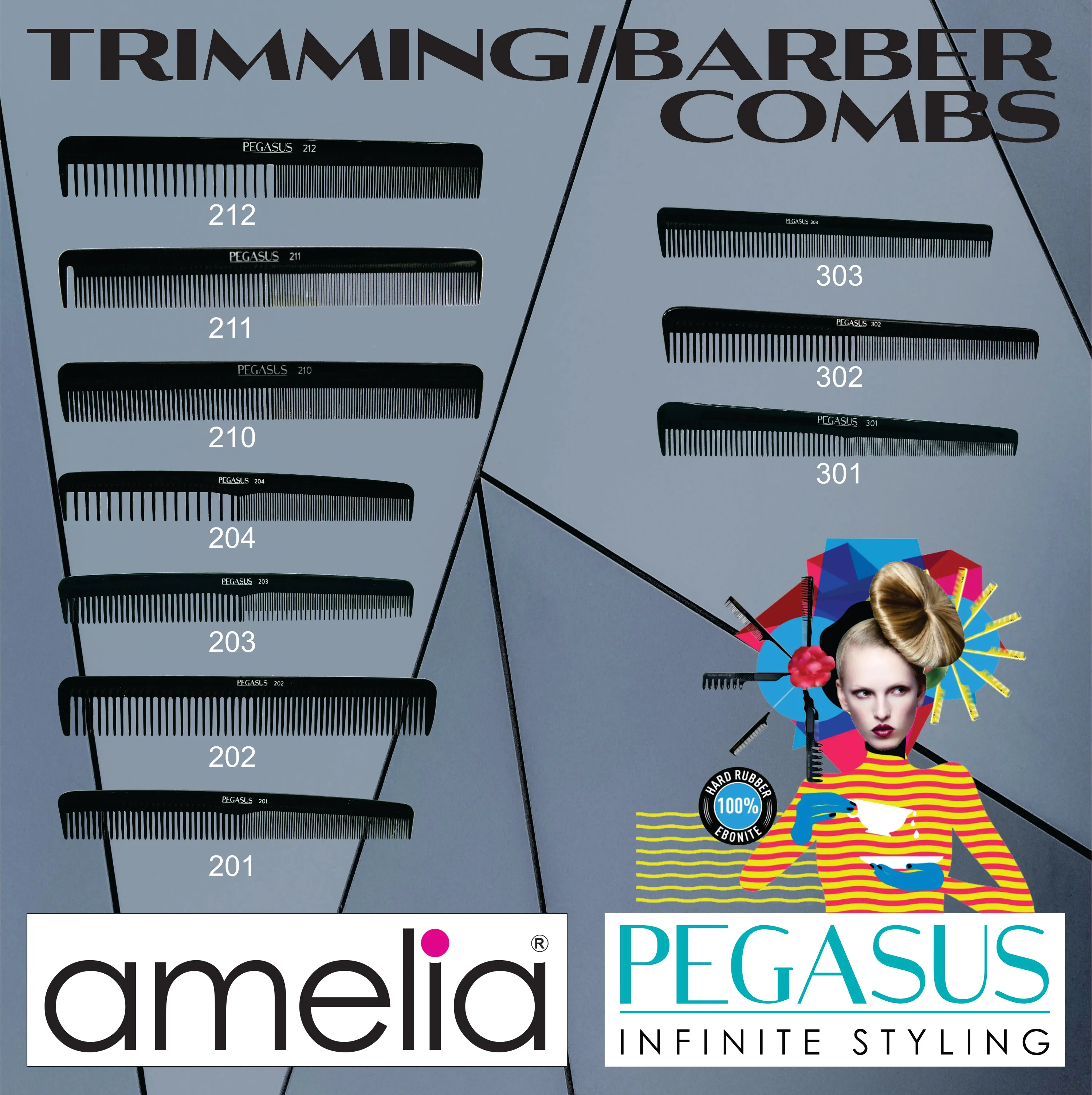 Pegasus 303, 6.5in Hard Rubber Heavy Barber Comb, Handmade, Seamless, Smooth Edges, Anti Static, Heat and Chemically Resistant, Wet Hair, Everyday Grooming Comb | Peines de goma dura - Black