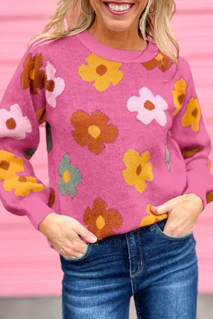 Pink White Sweet Flower Knitted Ribbed Hem Sweater