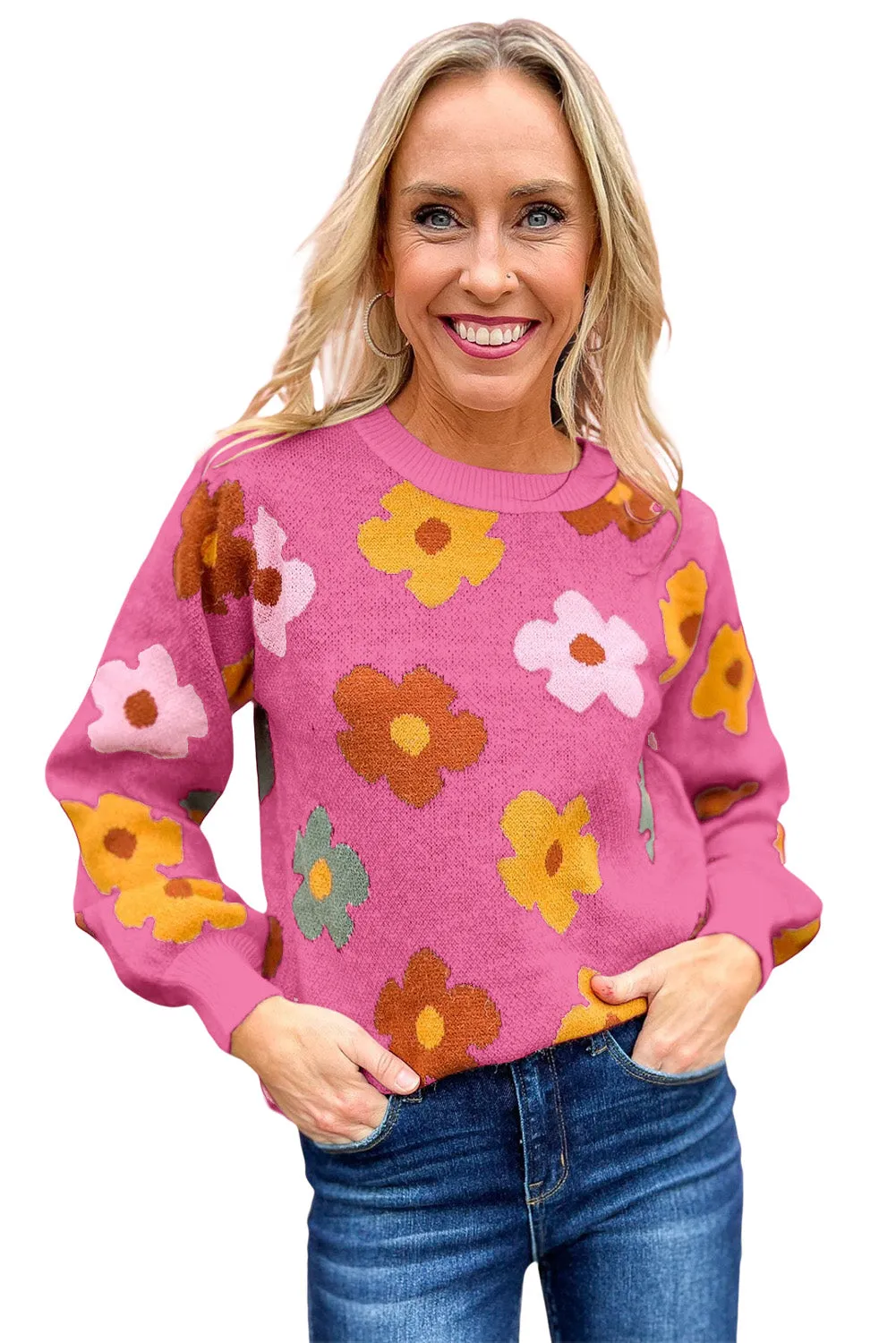 Pink White Sweet Flower Knitted Ribbed Hem Sweater