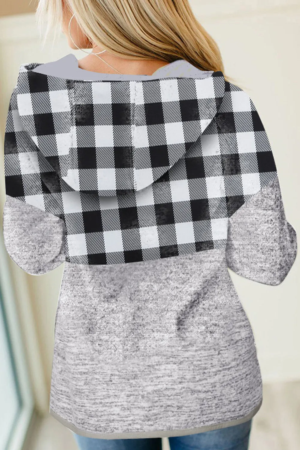 Plaid Splicing Pocketed Hoodie