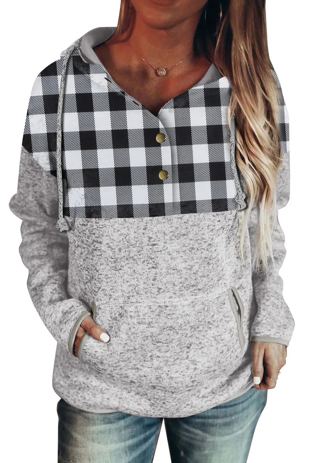 Plaid Splicing Pocketed Hoodie