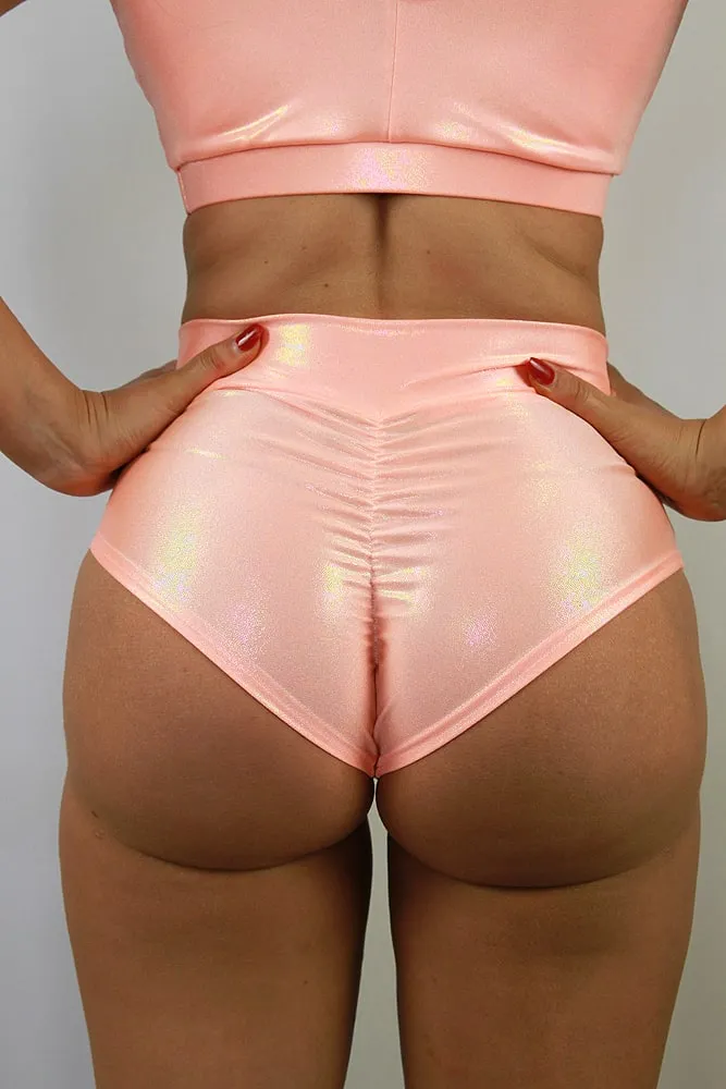 Rarr Mid Waisted Brazil Scrunchie Bum Shorts - Peach Sparkle