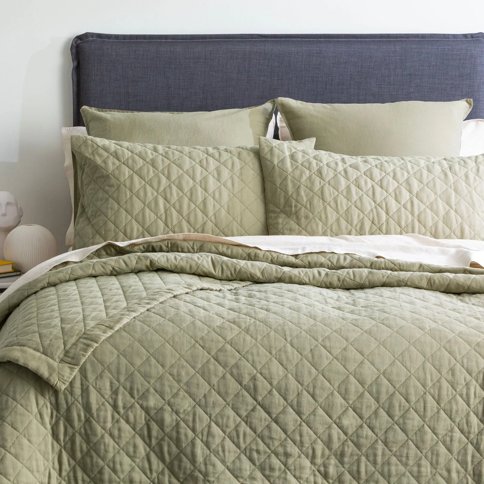 Renee Taylor Cavallo Stone washed French Linen Quilted Bed Coverlet Set - Jade
