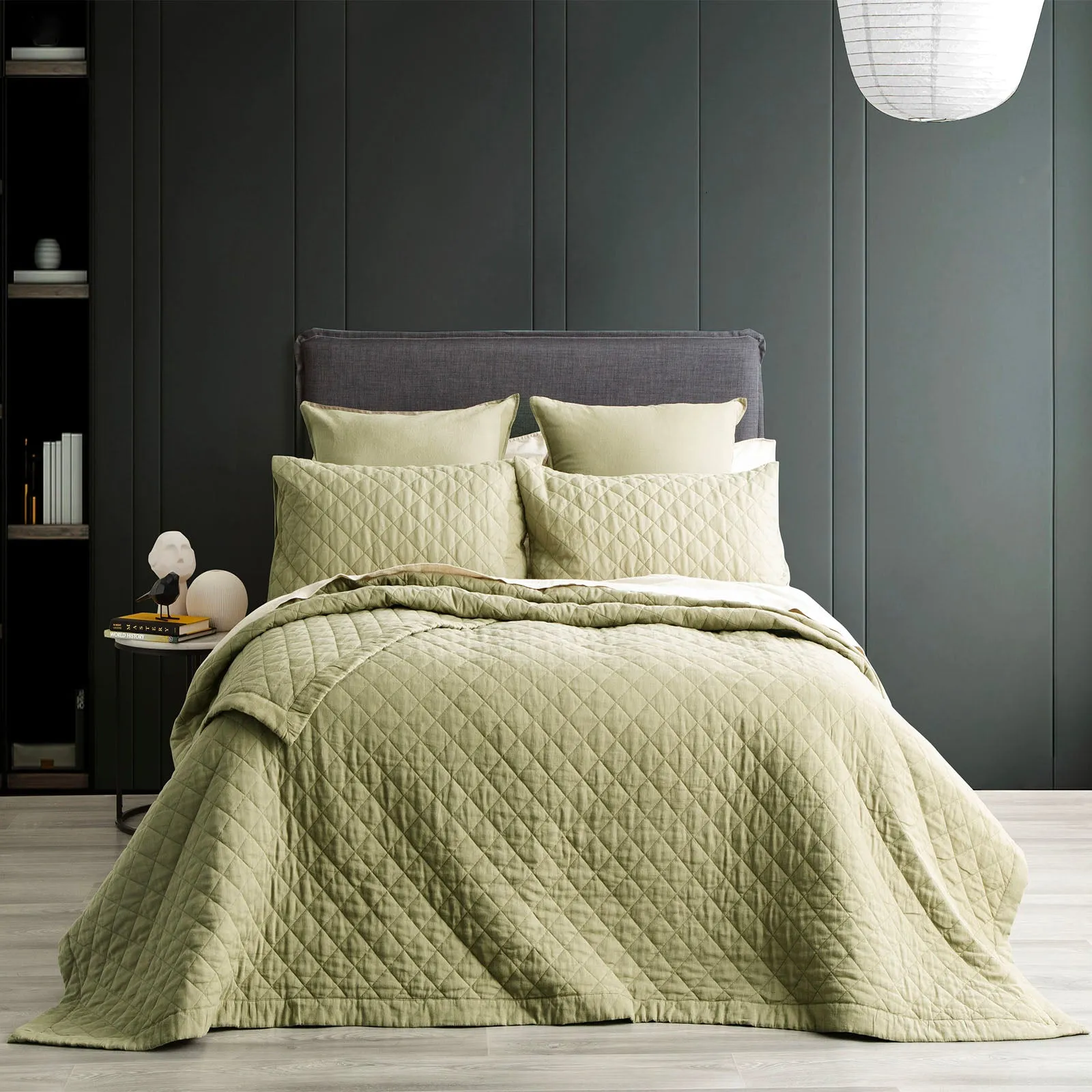 Renee Taylor Cavallo Stone washed French Linen Quilted Bed Coverlet Set - Jade