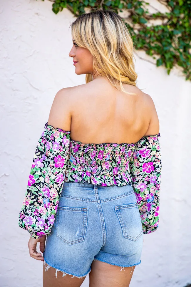 Sonic Blooms Black Floral Off The Shoulder Long Sleeve Blouse FINAL SALE