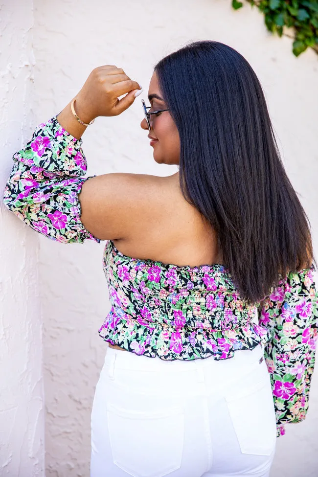 Sonic Blooms Black Floral Off The Shoulder Long Sleeve Blouse FINAL SALE