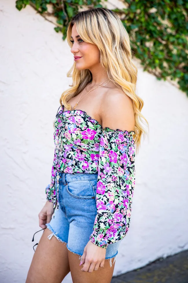 Sonic Blooms Black Floral Off The Shoulder Long Sleeve Blouse FINAL SALE