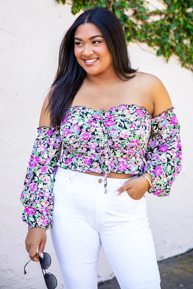 Sonic Blooms Black Floral Off The Shoulder Long Sleeve Blouse FINAL SALE