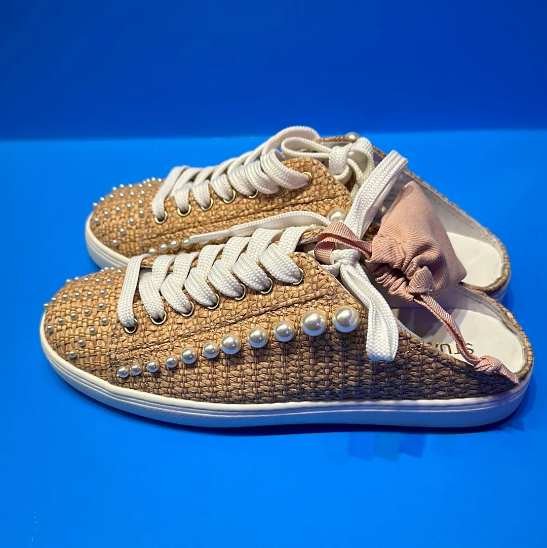 STUART WEITZMAN Raffia Pearl Embossed Hald Sneaker