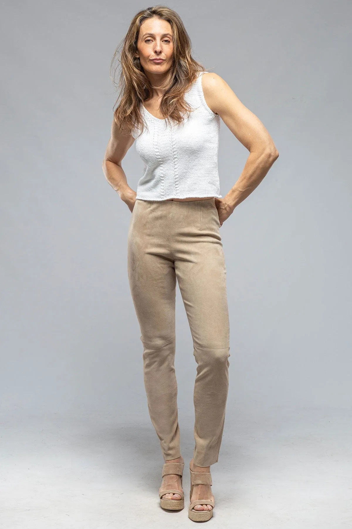 Tania Stretch Suede Pant in Beige