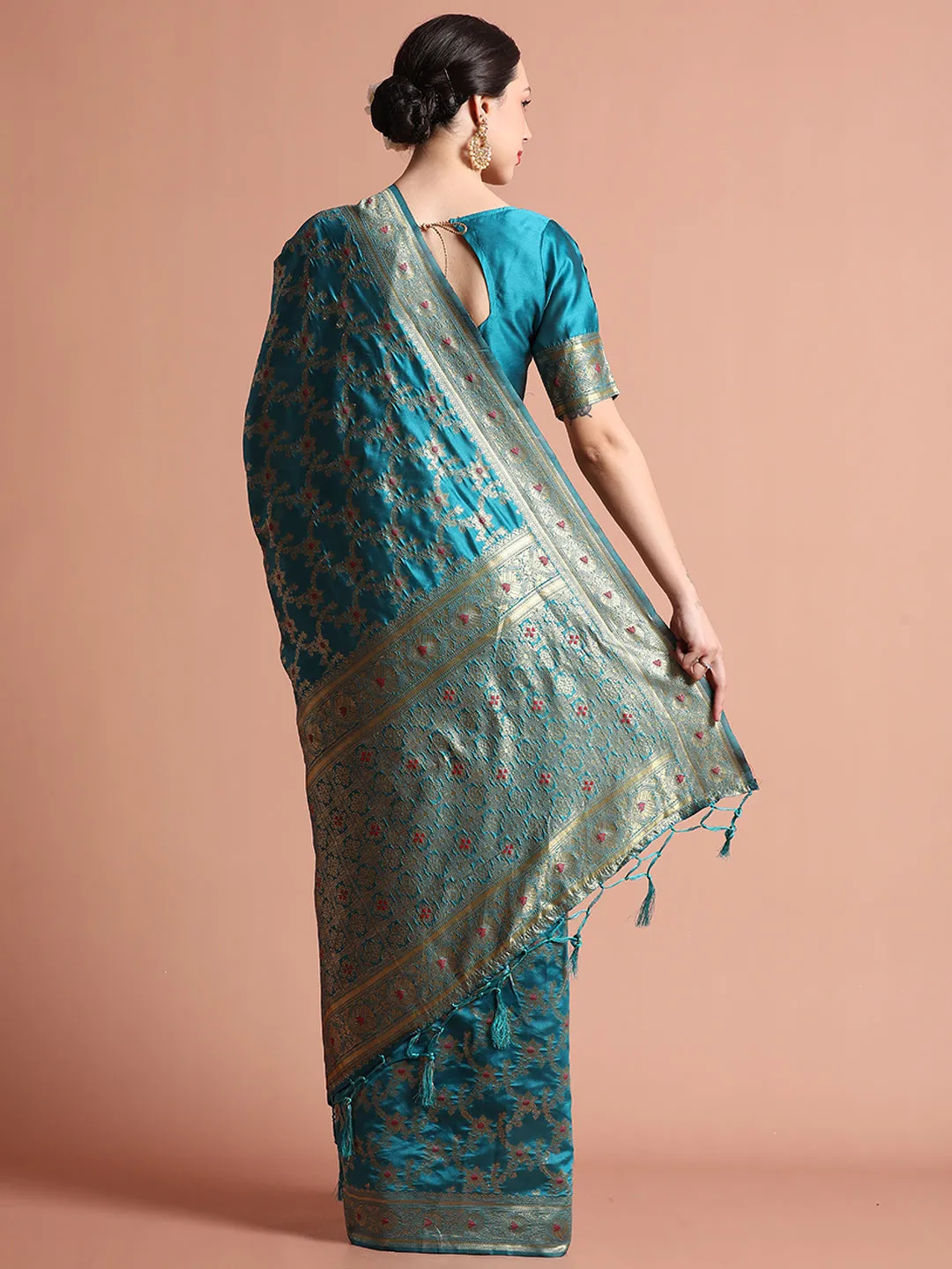 Teal Banarasi Zari Woven Silk Blend Saree