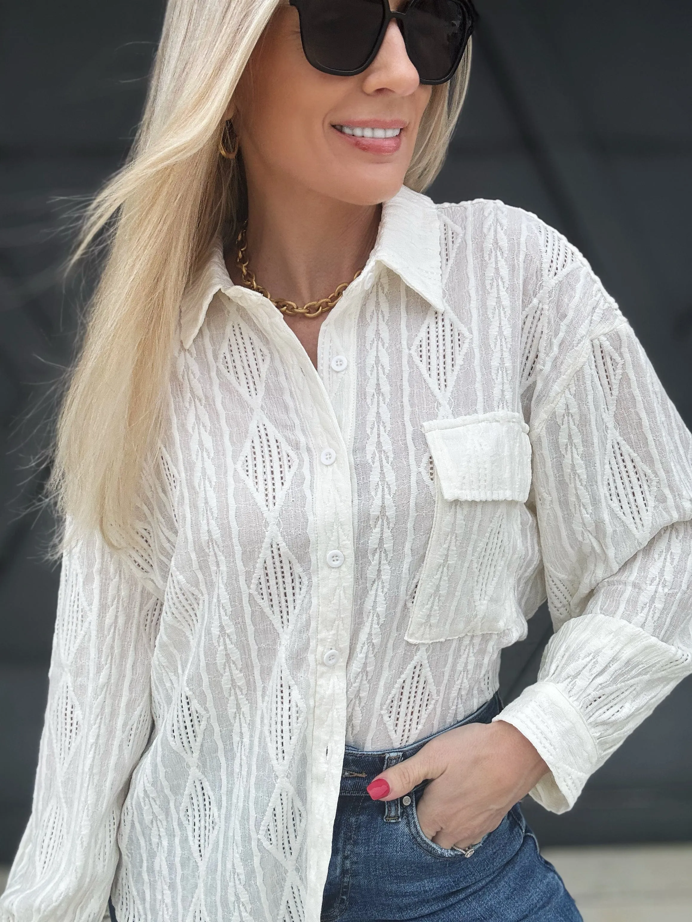 Textured Oversized Woven Top In Ivory