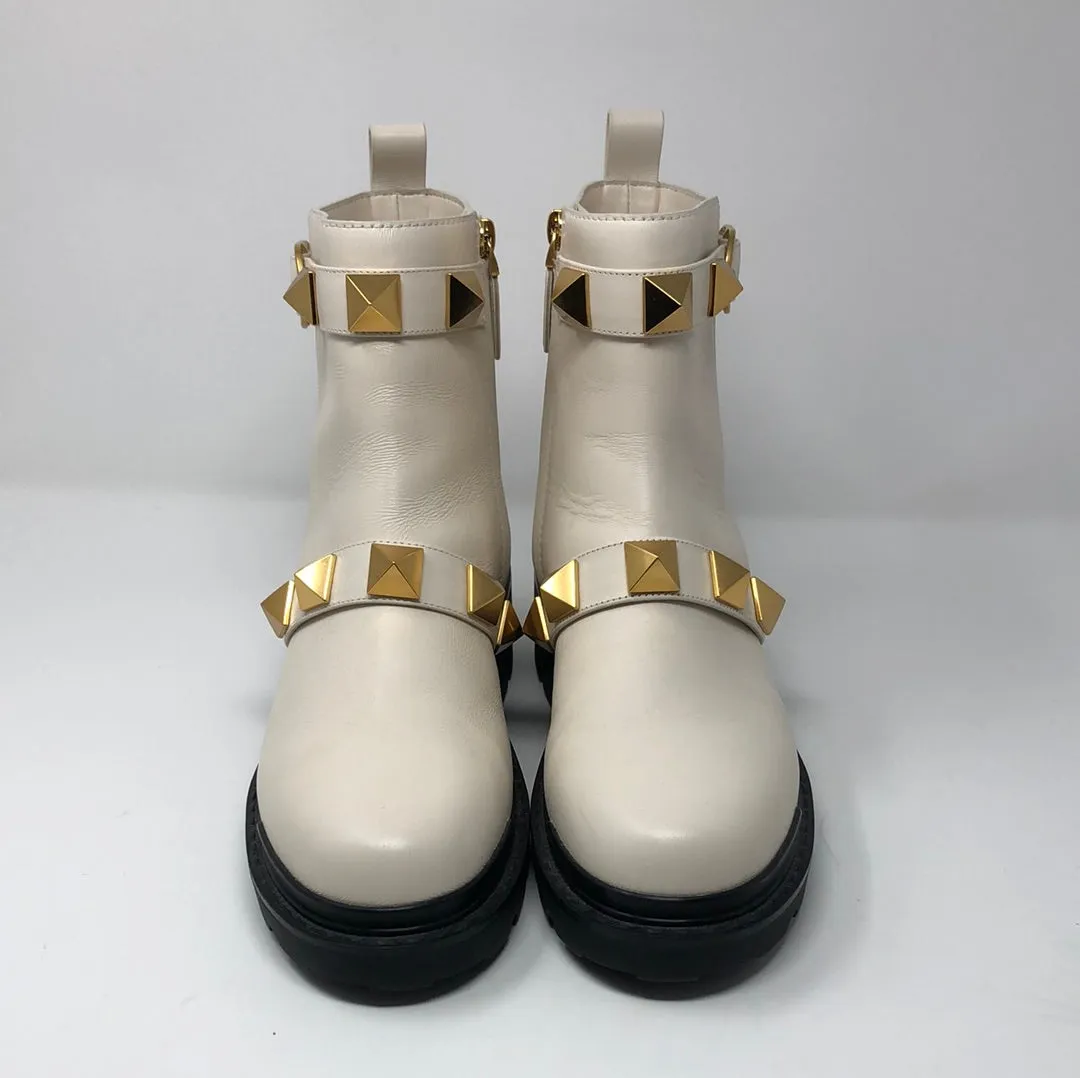 Valentino Ivory Leather Side Zip Gold Rockstud Booties
