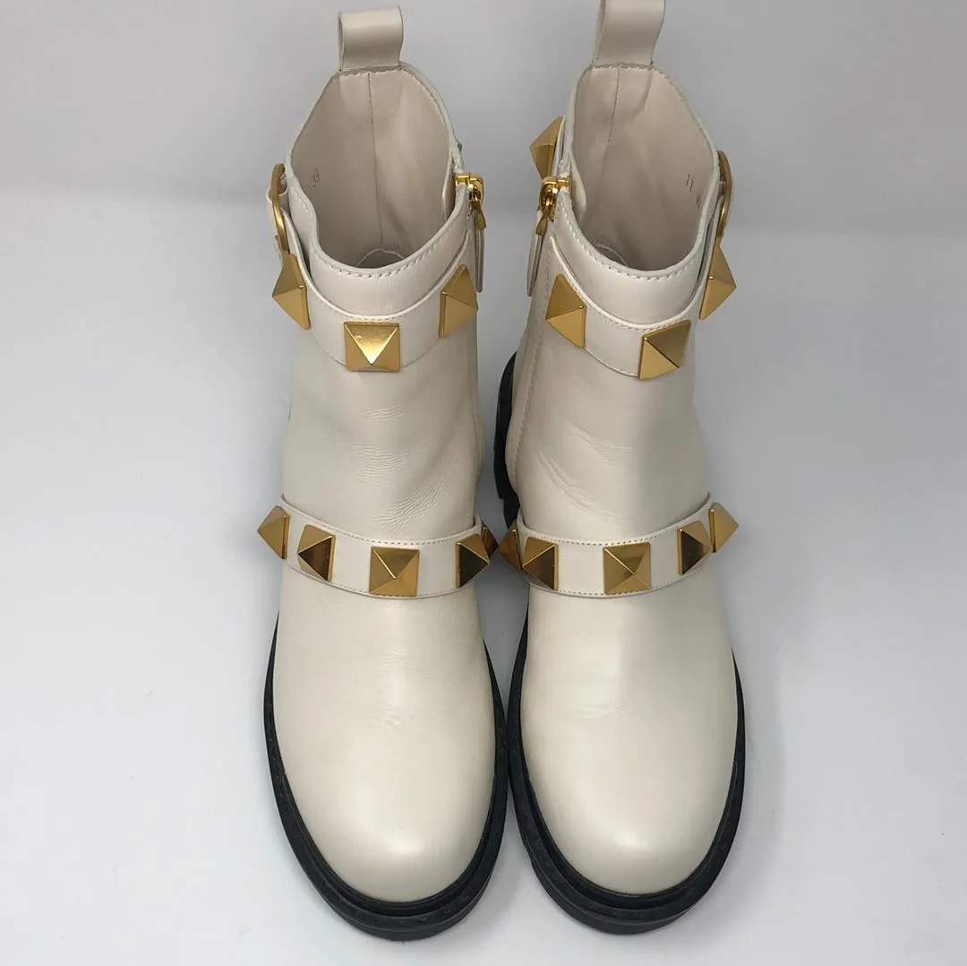 Valentino Ivory Leather Side Zip Gold Rockstud Booties