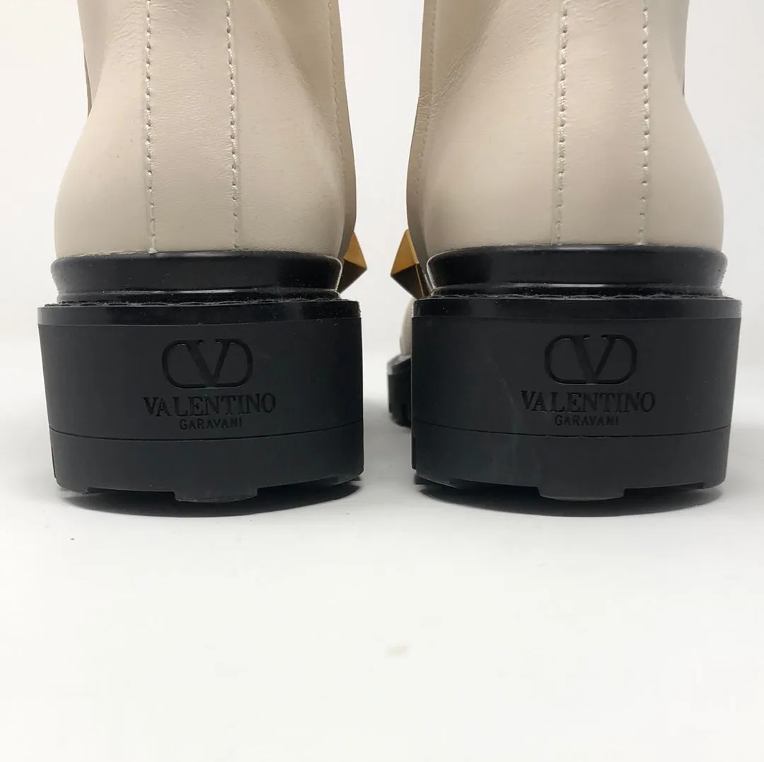 Valentino Ivory Leather Side Zip Gold Rockstud Booties