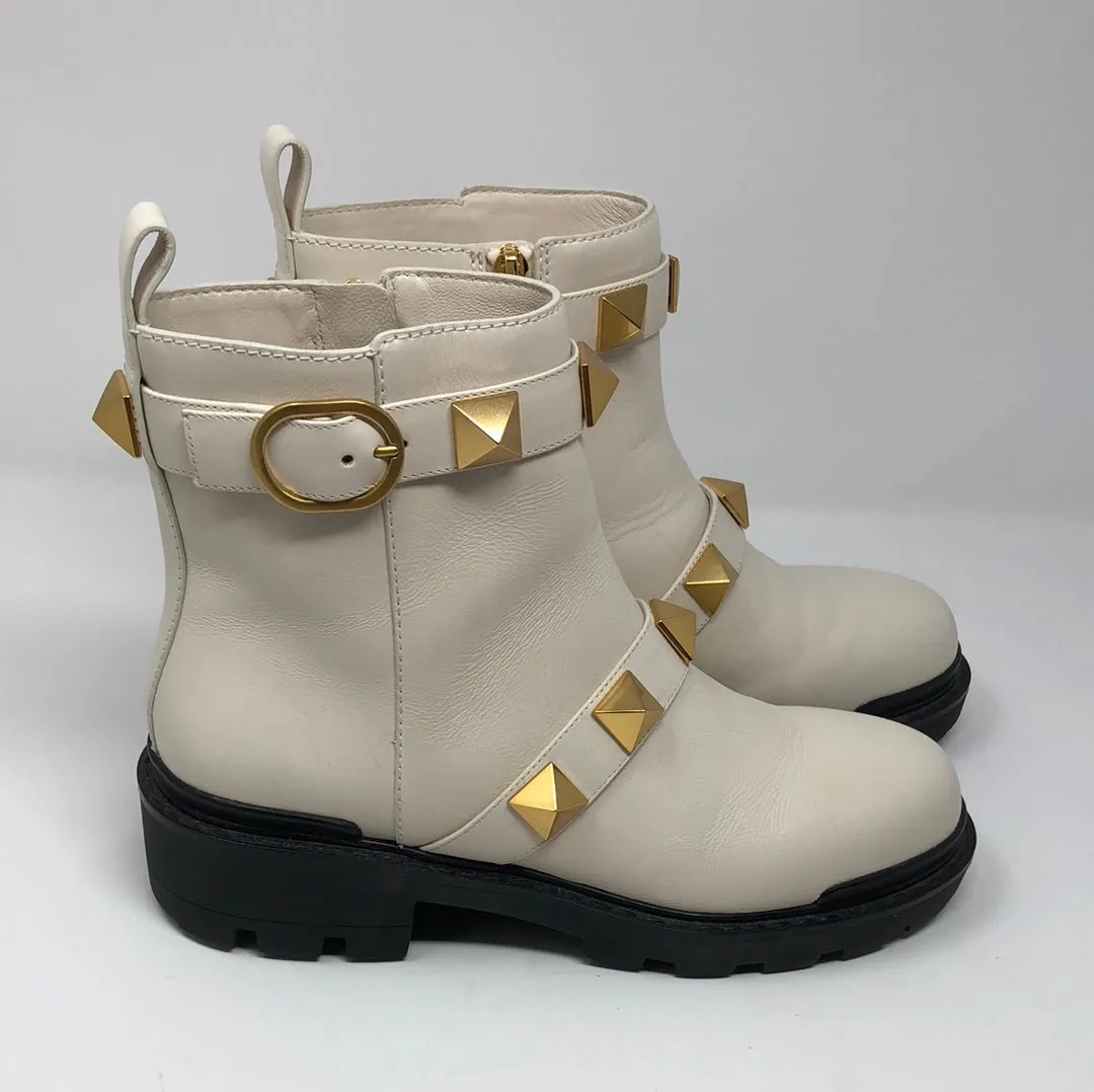 Valentino Ivory Leather Side Zip Gold Rockstud Booties