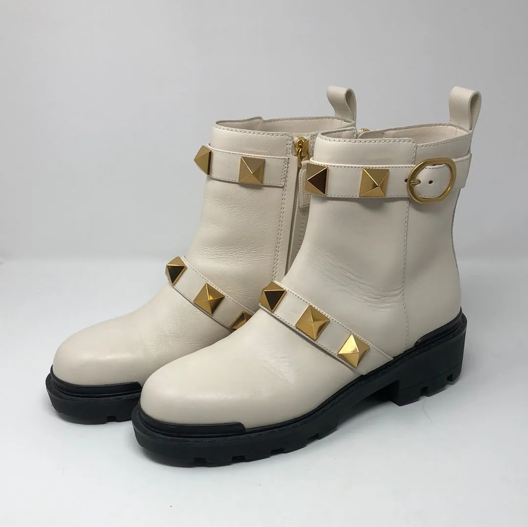 Valentino Ivory Leather Side Zip Gold Rockstud Booties
