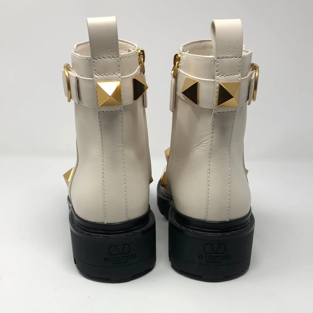 Valentino Ivory Leather Side Zip Gold Rockstud Booties
