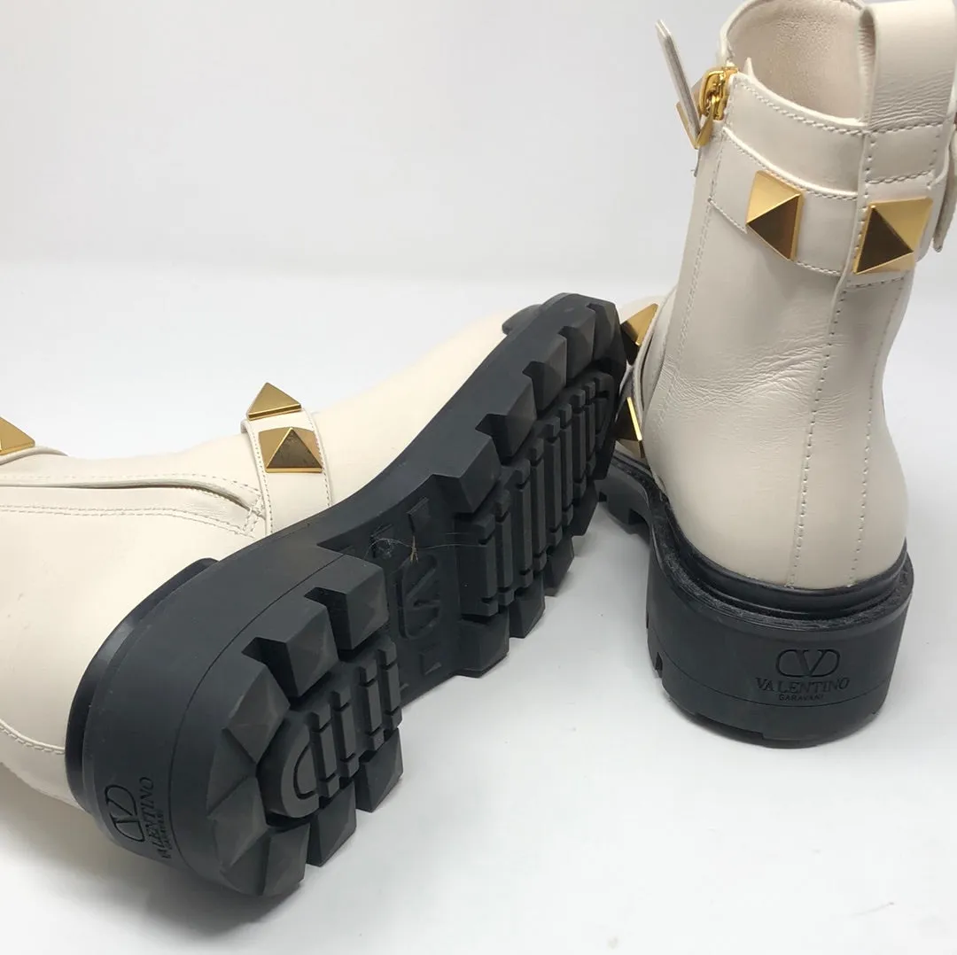 Valentino Ivory Leather Side Zip Gold Rockstud Booties