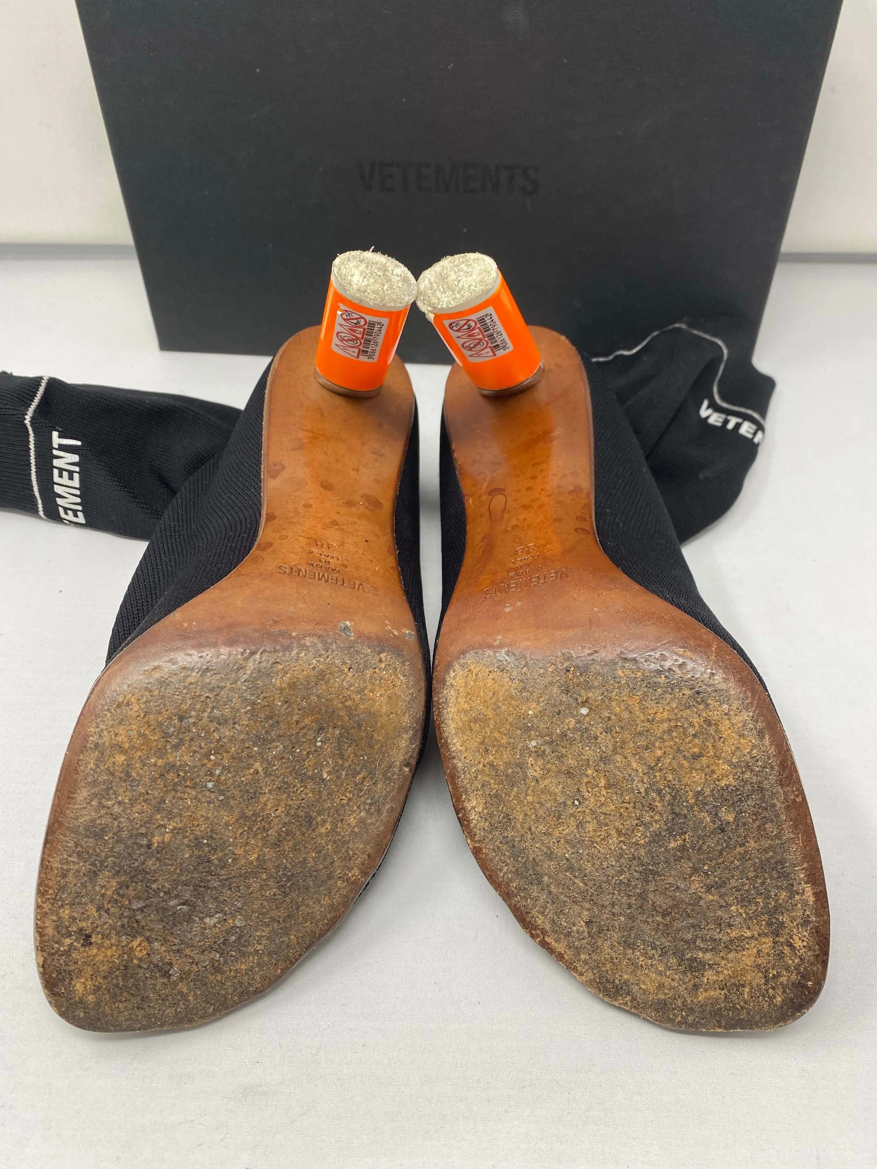 VETEMENTS Black Sock Ankle Boots Polumide Black Booties with Neon Orange Lighter Heel