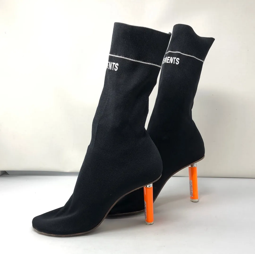 VETEMENTS Black Sock Ankle Boots Polumide Black Booties with Neon Orange Lighter Heel