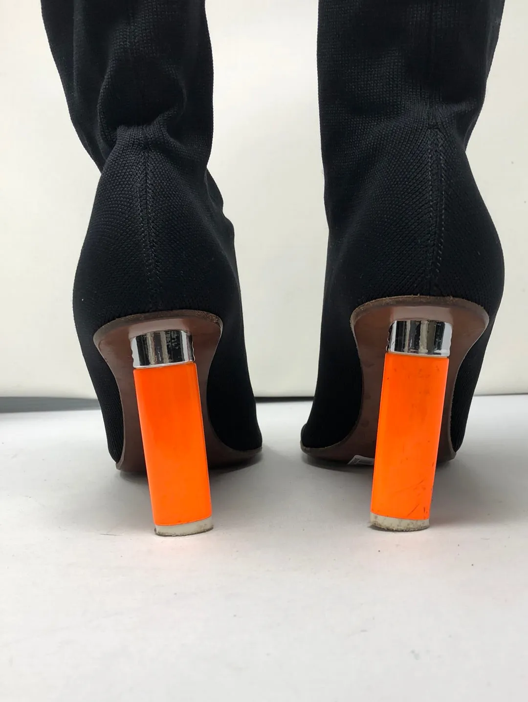 VETEMENTS Black Sock Ankle Boots Polumide Black Booties with Neon Orange Lighter Heel