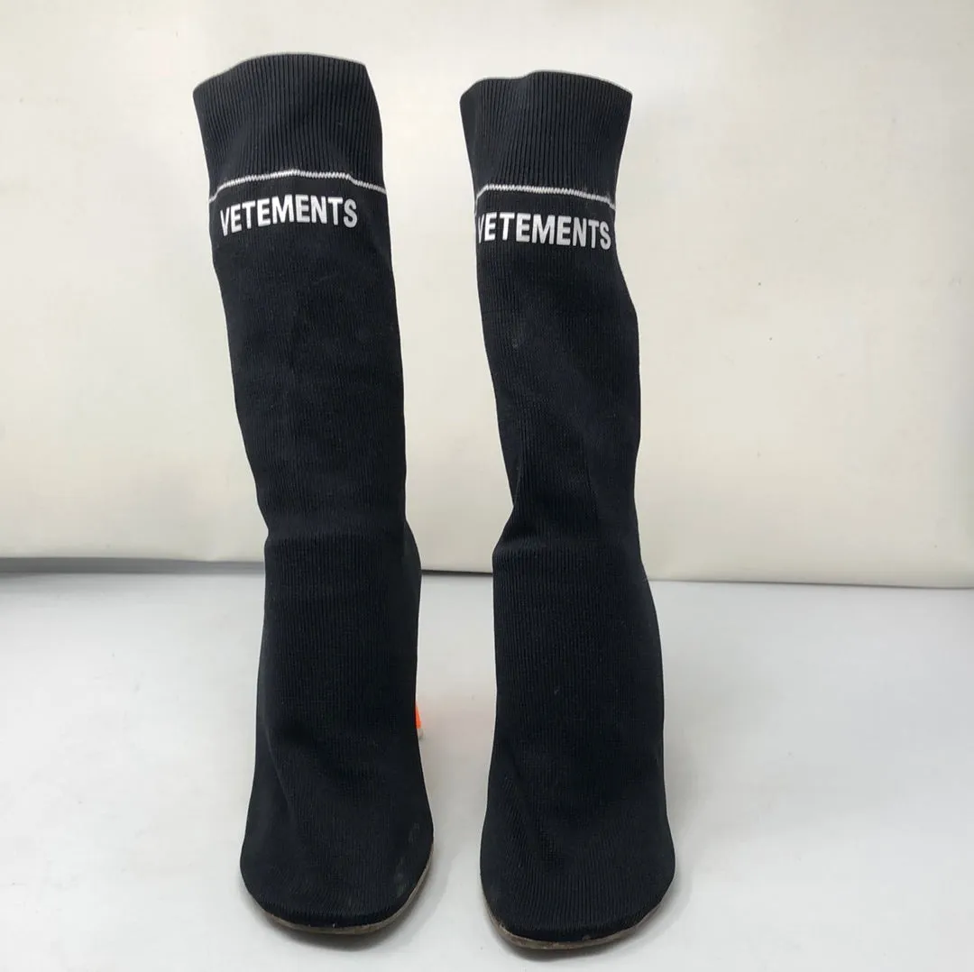VETEMENTS Black Sock Ankle Boots Polumide Black Booties with Neon Orange Lighter Heel