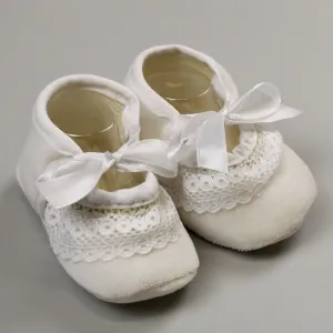 White Baby Girls Ballerina Booties with Ribbon - Newborn to 6 months