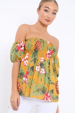 Yellow Floral Bardot Top with Shirred Bust - Dorris