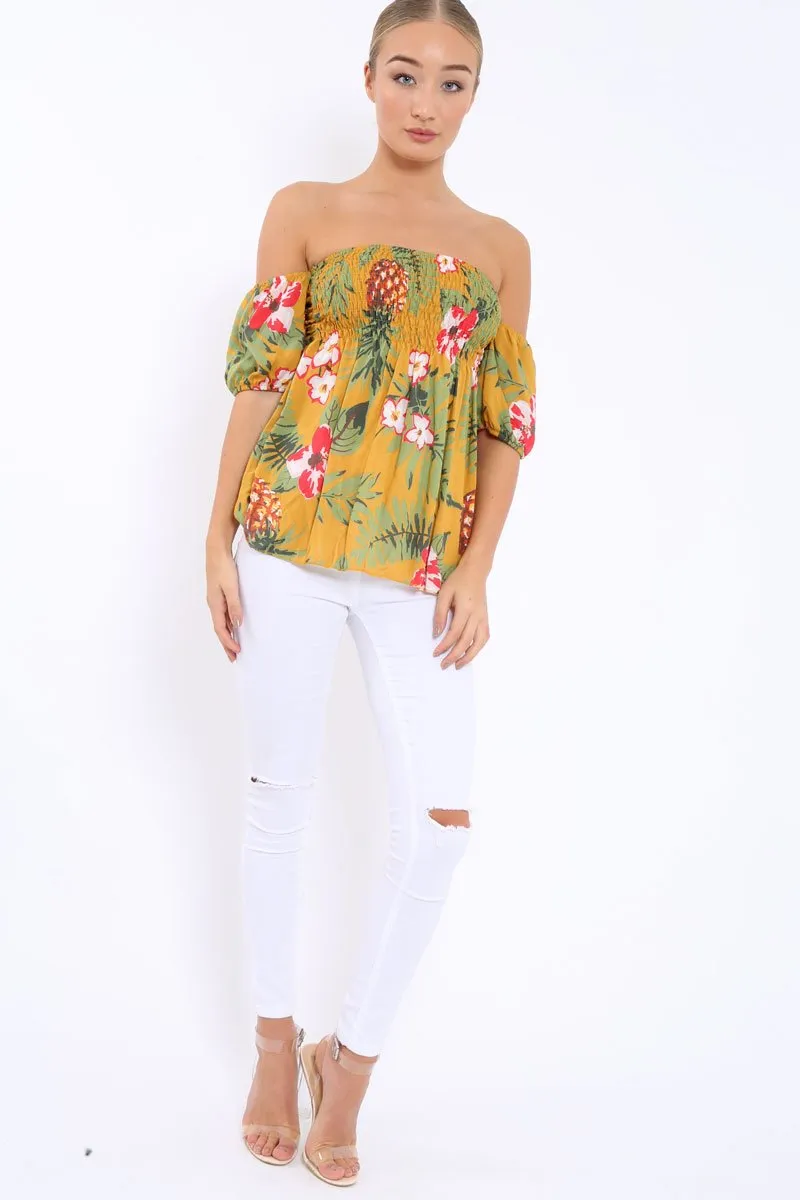 Yellow Floral Bardot Top with Shirred Bust - Dorris