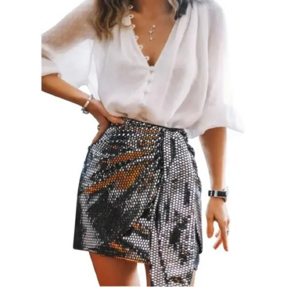 ZARA | Silver Metallic | High-waisted mini skirt knot detail, sparkly appliqué